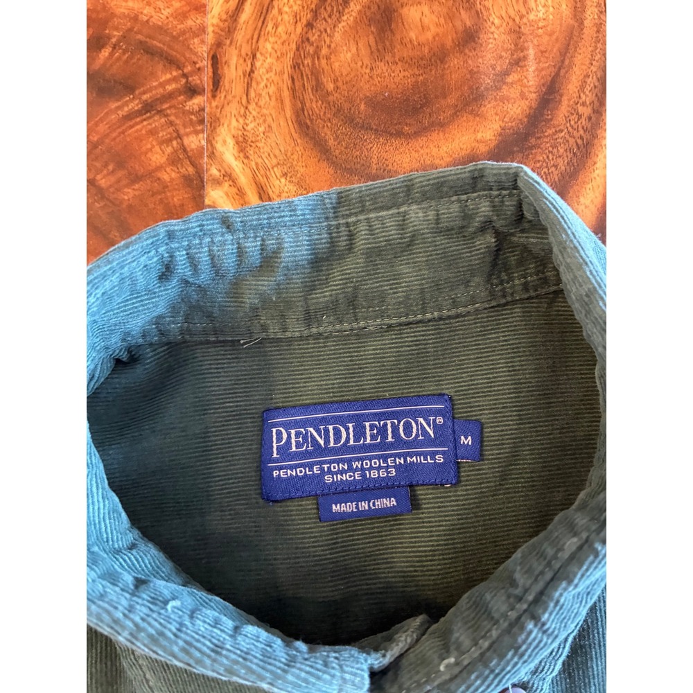 Pendleton Mens Corduroy Button Down Shirt Green Long Sleeve‎ Pocket Size M - Picture 2 of 6